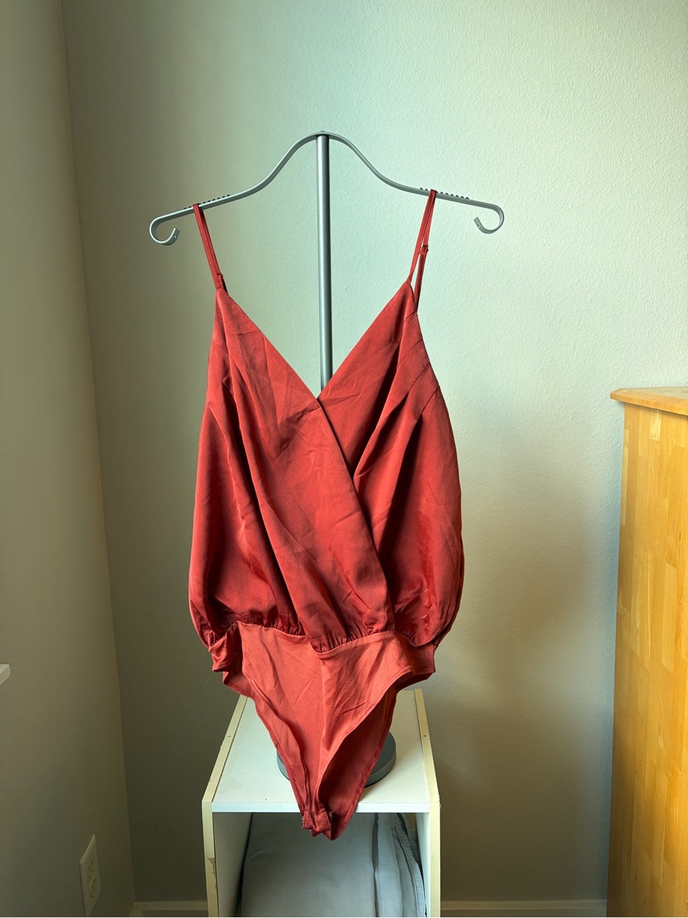entro Rust Red Satin Surplice Bodysuit